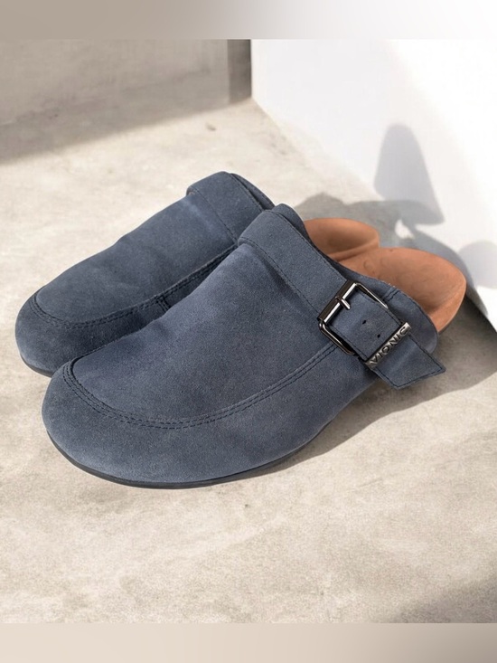 Vionic Shoes - VIONIC Blue Suede Leather Slip Ons Mules Buckle Detail Size 10/10.5